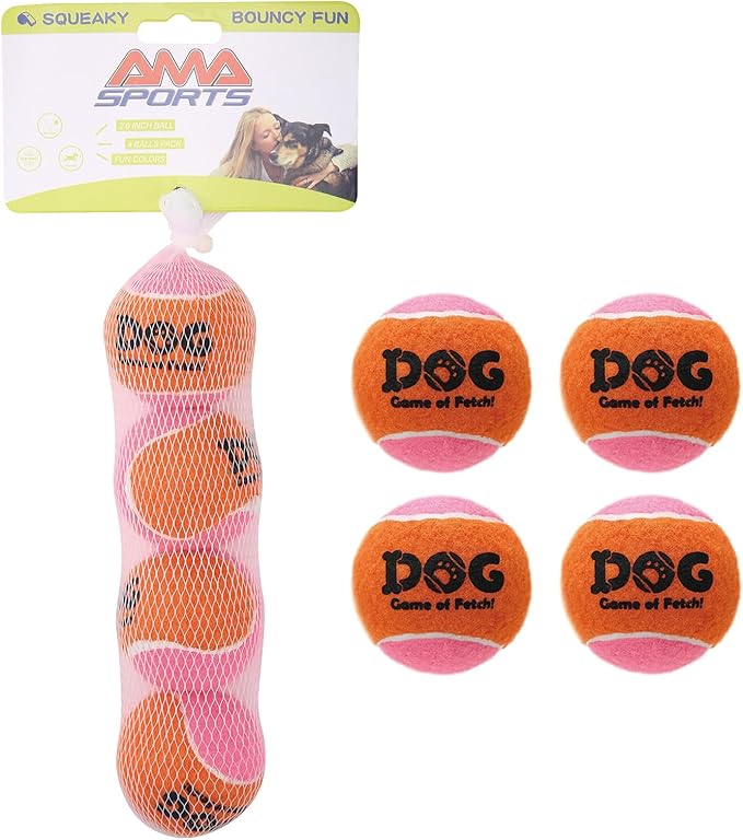 AMA SPORT Squeaky Tennis Balls for Dogs 2.0" Small Dog Tennis Balls for Throwing and Fetching Dog Toys for Training, Exercise, High Bouncing 4 Pack (Orange Pink)