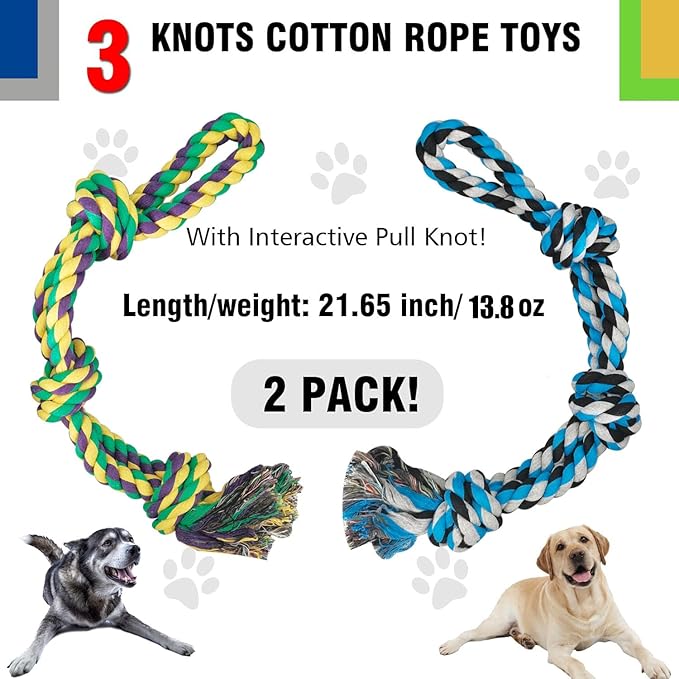 2 Pack Dog Rope Toys for Large Breed Aggressive Chewers, Nearly Indestructible Chew Rope Tug of War Toy for Dogs, Interactive Toy for Boredom, Teeth Cleaning (390g/each)
