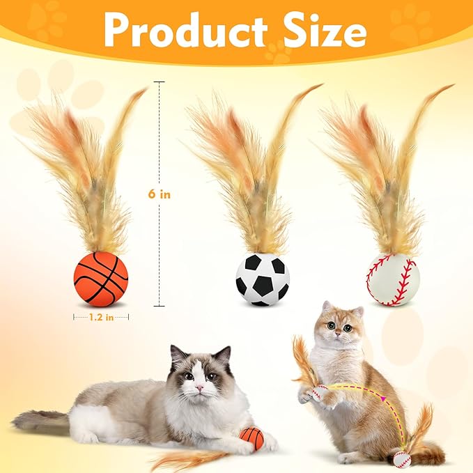 6 Pack Interactive Cat Ball Toys,Bouncy Ball with Natural Feathers for Indoor Cats and Kittens,Elastic Cat Toy Balls for Cats Playing Exercise