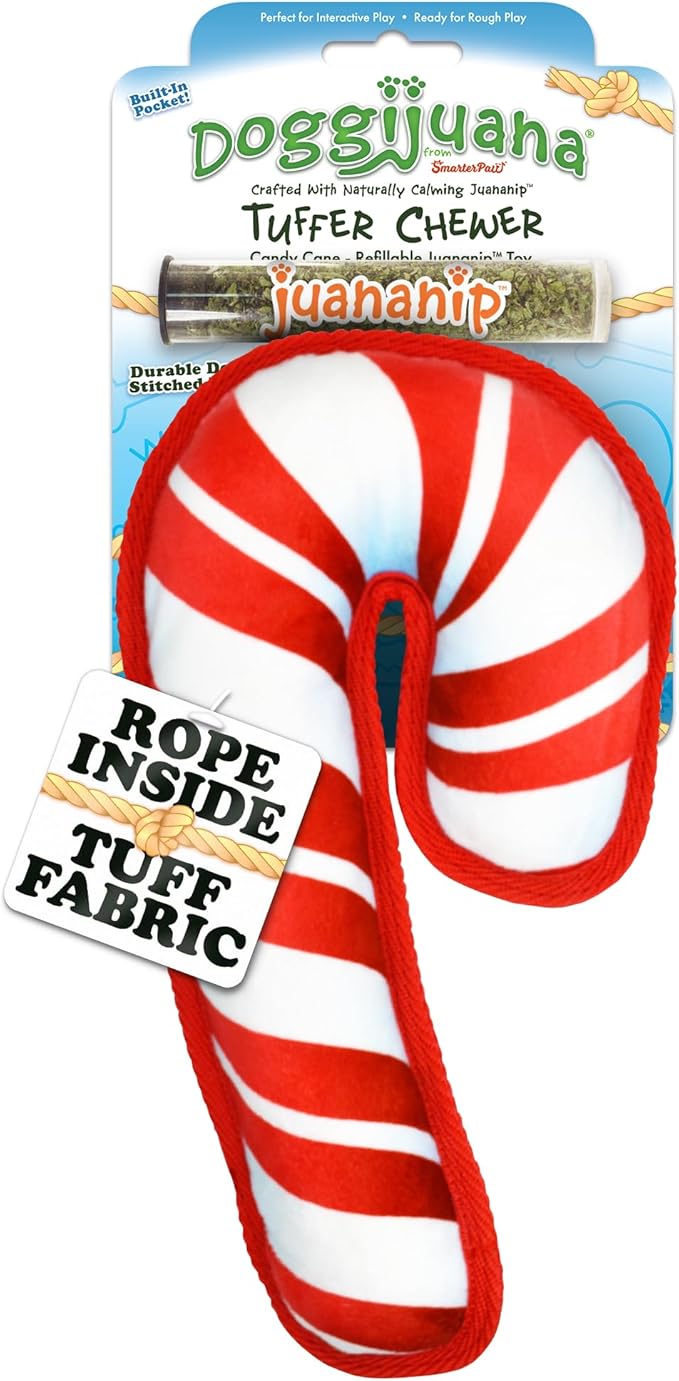 Doggijuana Tuffer Chewer Plush Dog Toy | Funny Dog Toy Plush with Juananip Catnip for Dogs | Calming Aid for Dogs | Interactive Squeaky Chew Toy for Play (Candy Cane)