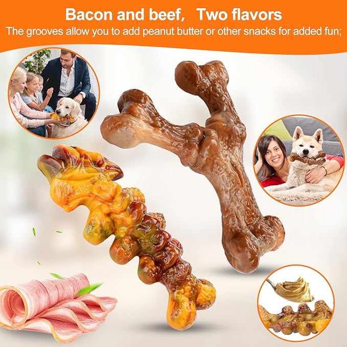 2-Pack Tough Large Dog Chew Toys - Bacon Flavor, Durable Nylon Dog Bone Toy for Aggressive Chewers, Small/Medium/Large Breed - Teeth Cleaning & Training, Avoid Loneliness & Gift