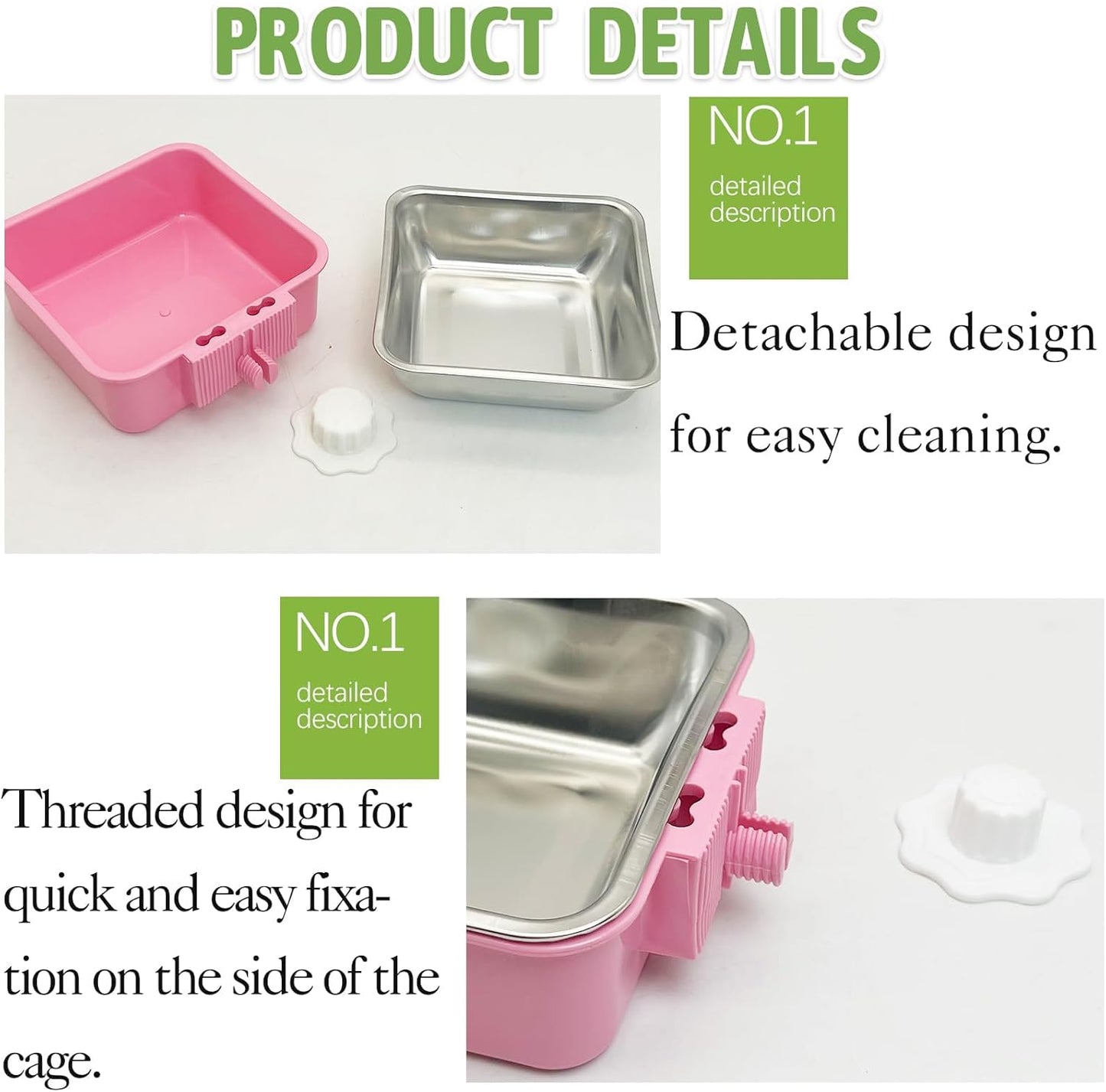 kathson Crate Dog Bowl, Removable Stainless Steel Hanging Pet Kennel Cage Bowl Food & Water Feeder Coop Cup for Puppy, Cat, Rabbit,Guinea Pigs 2pcs Large Square(Blue,Pink)