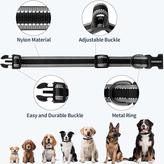 Reflective Dog Collar with Soft Padding Dog Collar for Medium & Small Dogs, No Pull, Heavy Duty, Adjustable Nylon Collar with Quick-Release Buckle, Walking Training-Black-XS