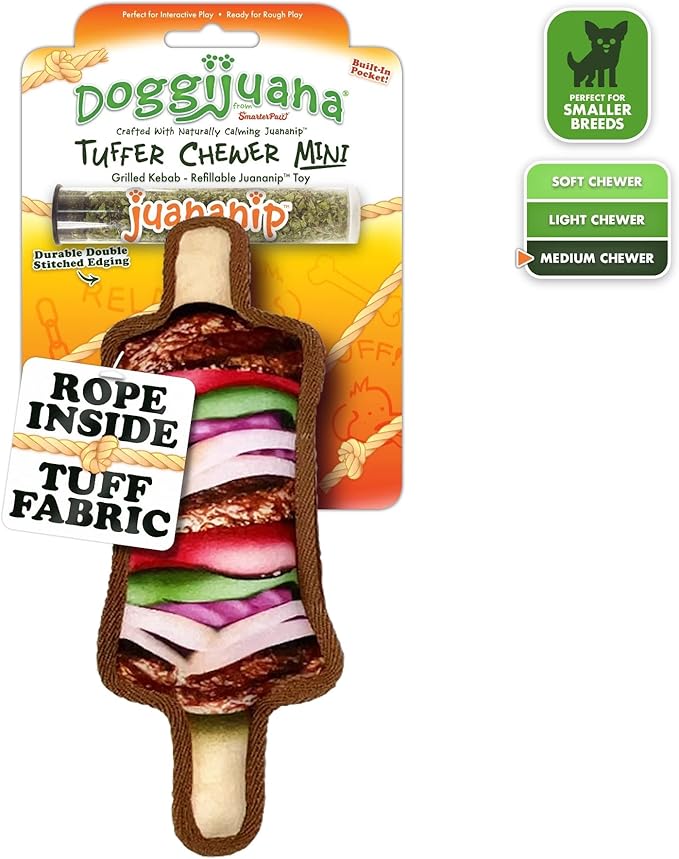 Doggijuana Tuffer Chewer Mini Plush Dog Toy | Funny Dog Toy Plush with Juananip Catnip for Dogs | Calming Aid for Dogs | Interactive Squeaky Chew Toy for Play (Kebab)