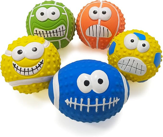 5-Pack Squeaky Dog Balls – Cartoon Face Ball Latex Dog Toy Ball Set for Indoor & Outdoor Play