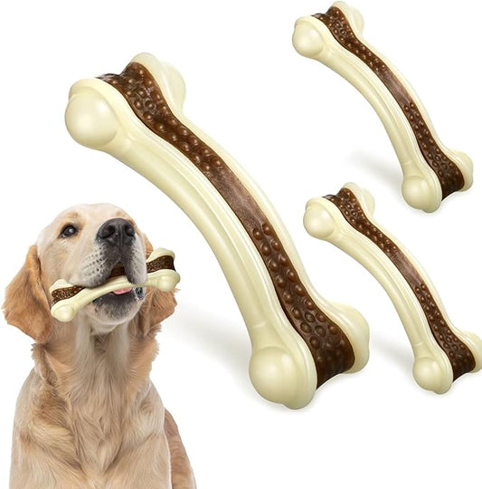 Sosation 3 Pack Chew Toys for Aggressive Chewers, Bone Toys Nylon Beef Flavor Dog Teething Toys for Large/Medium/Small Puppies Breeds(Large, Medium, Curved Bone)