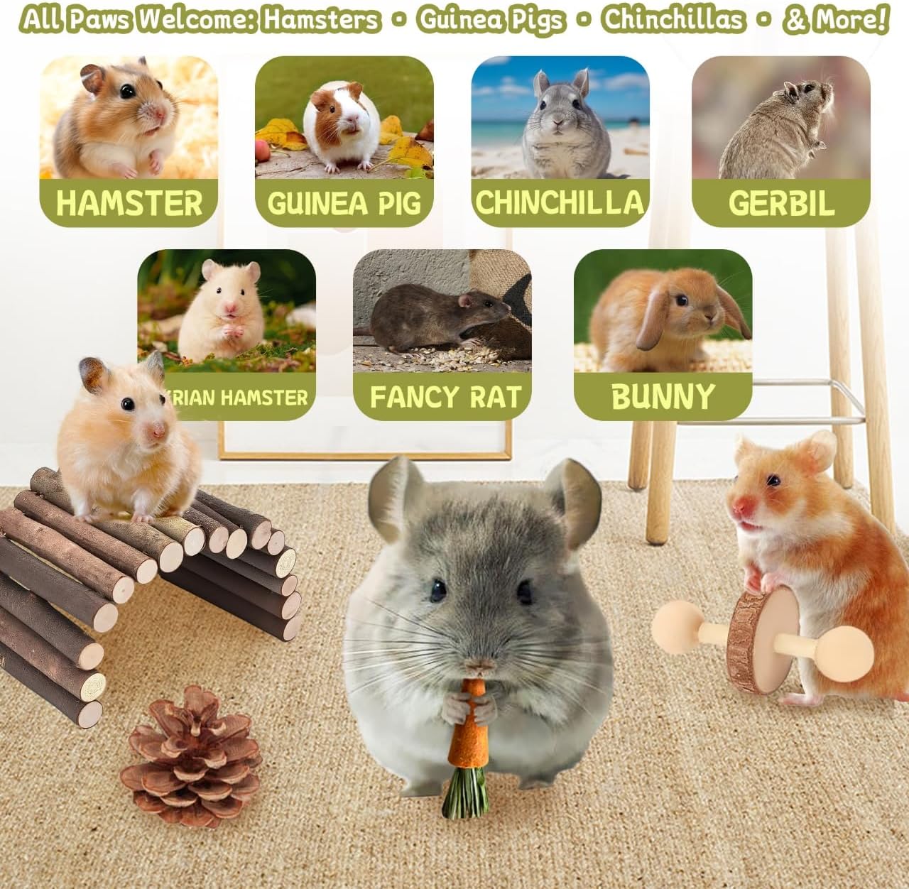 18 PCS Hamster Chew Toys Set, Natural Apple Wood Guinea Pig Toys, Hamster Cage Accessories Include Bridge, Seesaw, Carrot, Timothy Straw Stick Dental Care for Rat Gerbil Chinchilla Rabbits