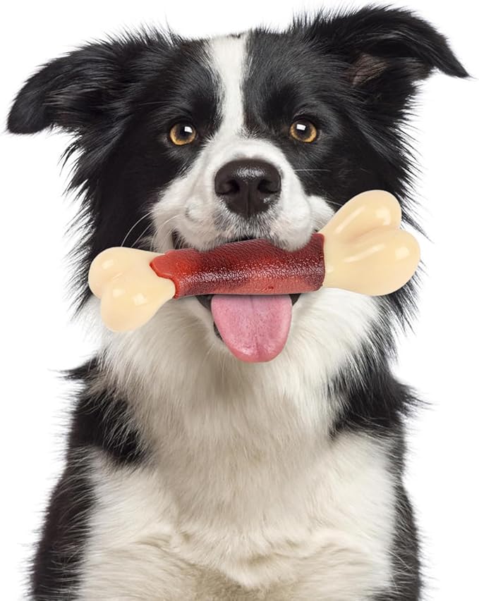Durable Dog Chew Toy for Aggressive Chewers - Tough Nylon Bone for Medium & Large Dogs, Long-Lasting Indestructible Dog Toy with Real Beef Flavor, Reduces Anxiety & Promotes Dental Health (A)