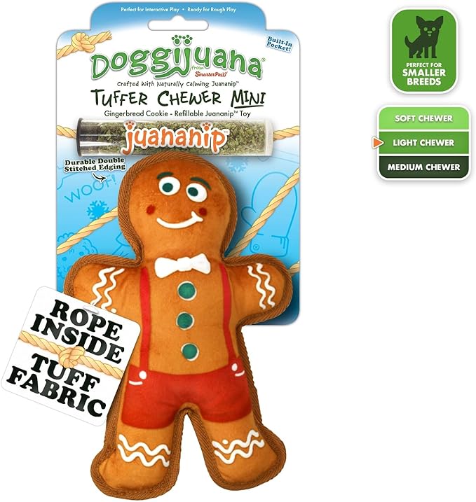 Doggijuana Tuffer Chewer Mini Plush Dog Toy | Funny Dog Toy Plush with Juananip Catnip for Dogs | Calming Aid for Dogs | Interactive Squeaky Chew Toy for Play (Gingerbread Cookie)
