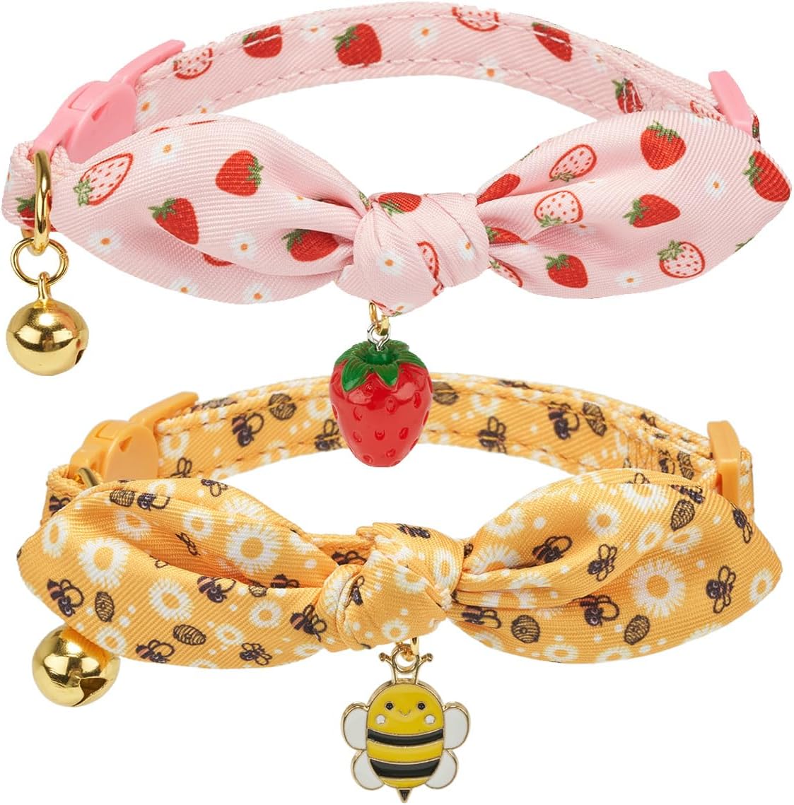 2 Pack Breakaway Cat Collars with Cute Bunny Ear Bowtie and Bell, Bow Tie Kitty Collars for Female Girl Cats(Yellow Bee & Pink Strawberry)