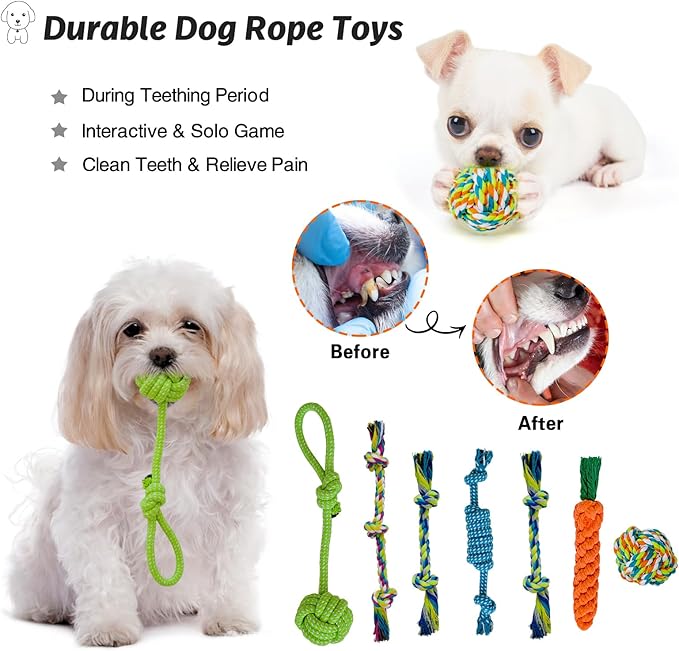 20Pcs Puppy Chew Toys for Teething, Dog Chew Toys with Rope Toy, Pet Dog Toothbrush, Treat Balls, Plush Toys and Squeaky Toys for Small Medium Dogs with Basket