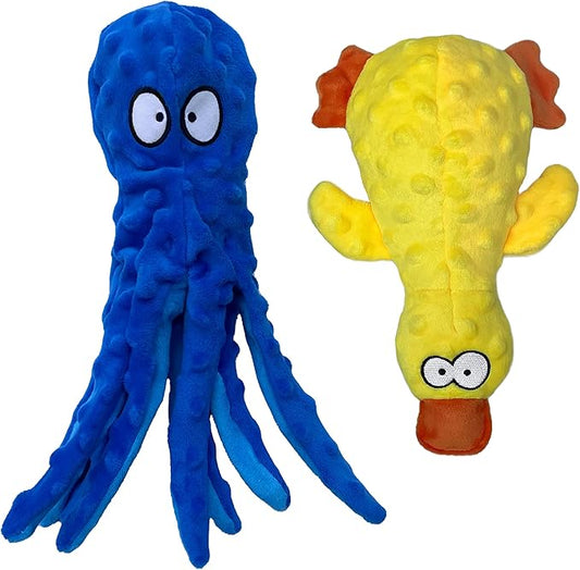 Squeaky Dog Toys for Small, Medium and Large Breeds - Tough, Durable and Soft Crinkle Plush Puppy Toys for Boredom (Octopus+Ducky) 2pack