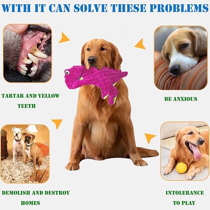 No Stuffing Dog Toys for Aggressive Chewers, Squeaky Wrinkled Toys, Durable Dog Chew Toys, Soft and Tough Plush Toys, Suitable for All Breeds of Dogs. (Dinosaur (Red))