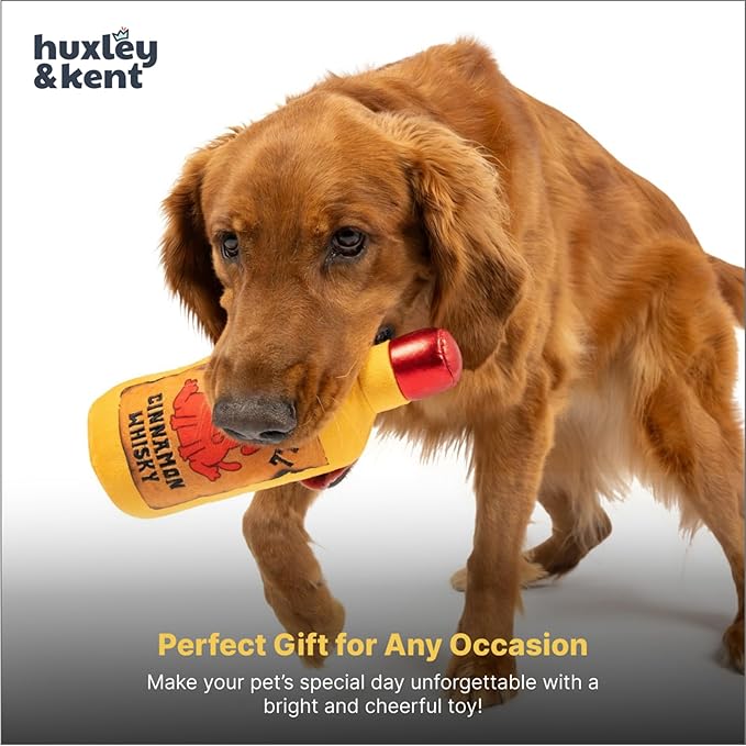 Huxley & Kent Funny Dog Toy w/Squeaker – Power Plush Squeaky Dog Toys for Small, Medium & Large Dogs – Soft Stuffed Animal for Indoor Play & Fetch - Hairball Cinnamon Whiskey, Small