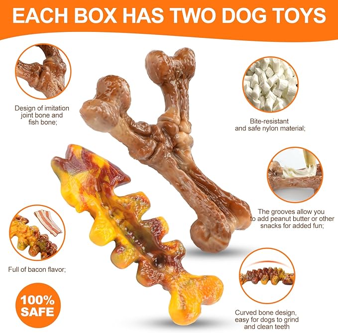 2-Pack Tough Large Dog Chew Toys - Bacon Flavor, Durable Nylon Dog Bone Toy for Aggressive Chewers, Small/Medium/Large Breed - Teeth Cleaning & Training, Avoid Loneliness & Gift