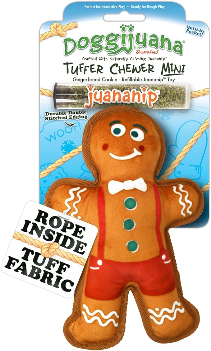 Doggijuana Tuffer Chewer Mini Plush Dog Toy | Funny Dog Toy Plush with Juananip Catnip for Dogs | Calming Aid for Dogs | Interactive Squeaky Chew Toy for Play (Gingerbread Cookie)