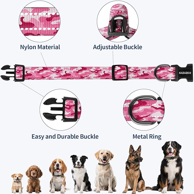 Reflective Dog Collar with Soft Padding Dog Collar for Medium & Small Dogs, No Pull, Heavy Duty, Adjustable Nylon Collar with Quick-Release Buckle, Walking Training-Pink camo-M