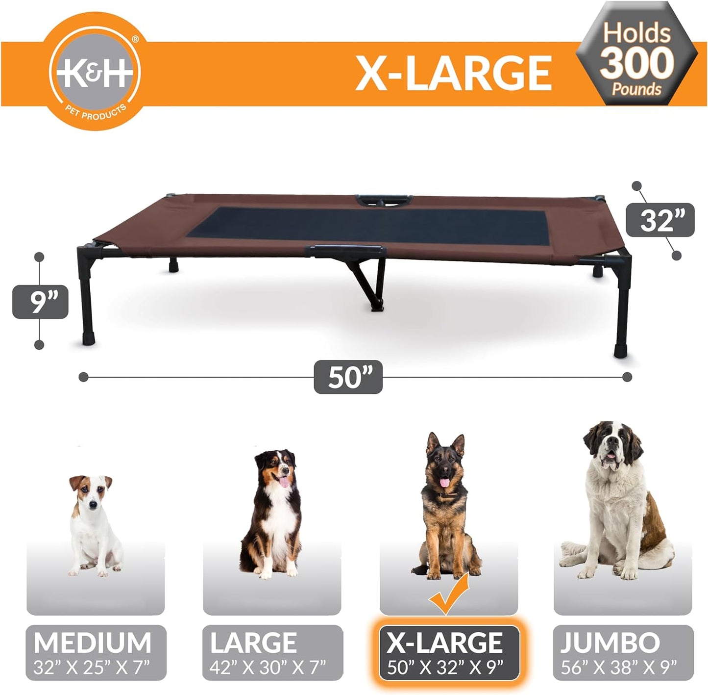 K&H Pet Products Outdoor Elevated Dog Cot, Breathable Cooling Elevated Cot Hammock Pet Bed for XL Dogs, Washable Mesh Cover, Raised Metal Frame, Collapsible, Portable - Extra-Large 50 X 32 Chocolate
