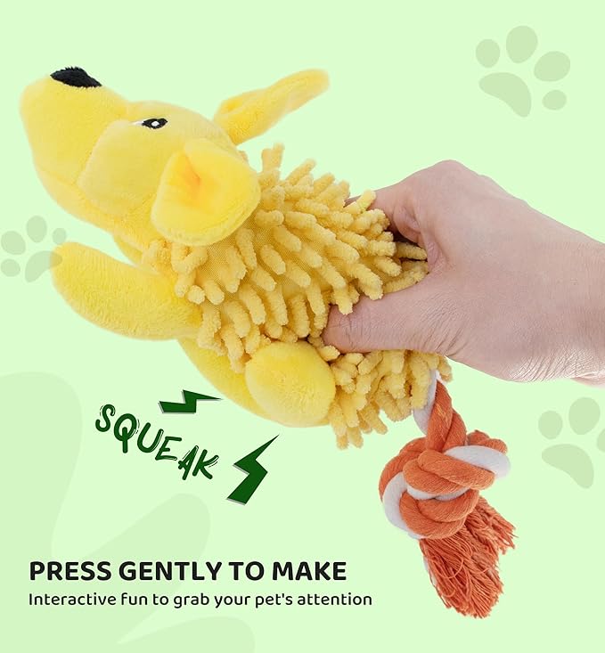 Squeaky Dog Toys - Plush Dog Toys with Soft Durable Fabric for Small Medium Large Breeds, Interactive Tug of War Rope Chew Toys, Teeth Cleaning, Dental Care, and Keep Dogs Busy (Puppy-Yellow)