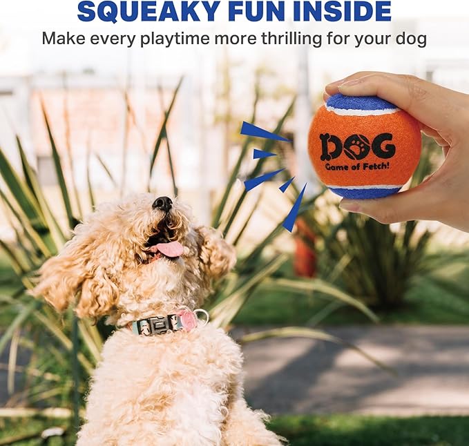 AMA SPORT Squeaky Tennis Balls for Dogs 2.5" Small Medium Dog Tennis Balls for Throwing and Fetching Dog Toys for Training, Exercise, High Bouncing 4 Pack (Orange Blue)