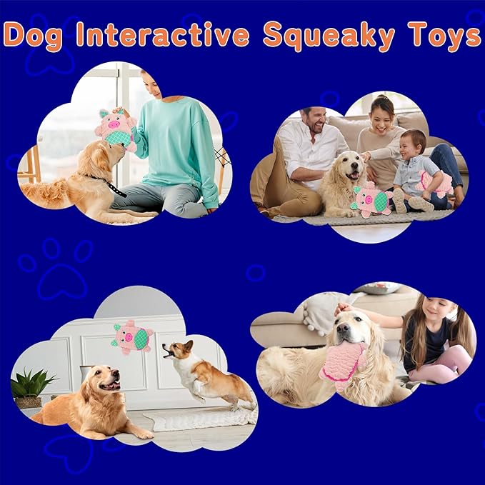 Crinkle Dog Toys Squeaky Plush No Stuffing Cute Puppy Stuffless Tough Rop Pull Toy, Fun Dog Stuffed Animals Durable Chew Set for Small Medium Large Pup (Large, Pink Pig)