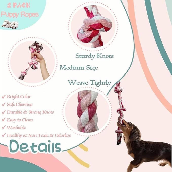 2-Pack Dog Rope Toy Durable Cotton Dog Chew Toys for Aggressive Chewers Interactive Tug of War and Teeth Cleaning for Small to Medium Breed Pets(Pink, Medium)