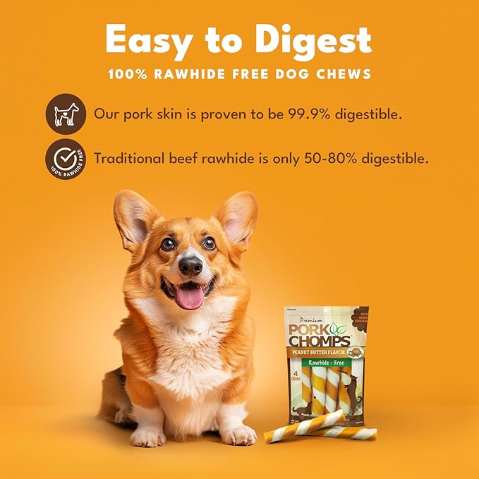 Pork Chomps Baked Pork Skin Dog Chew, 6-inch Twists, Peanut Butter Wrap, 4 Count (Pack of 2)