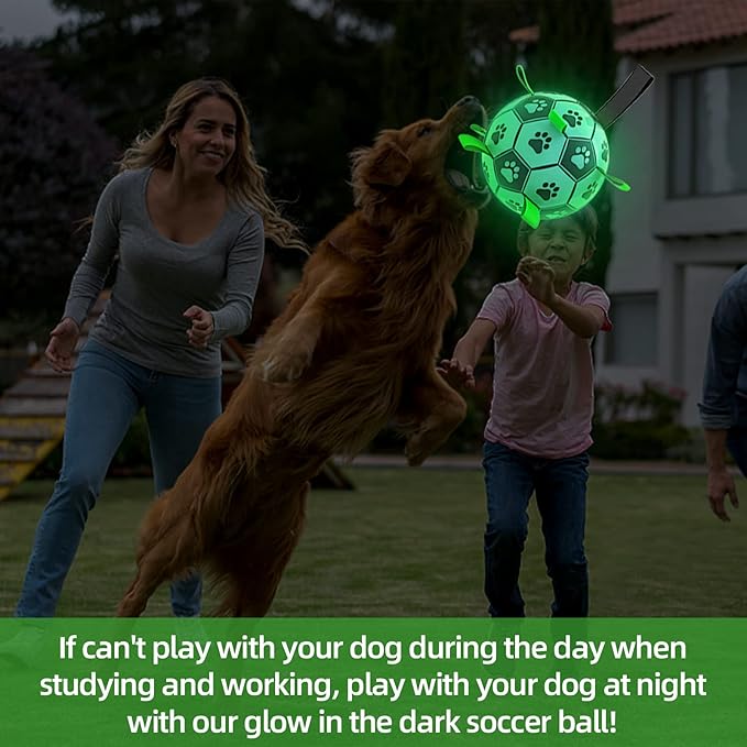 Amasiver Glow in The Dark Dog Toys - 8 Inch Upgraded Interactive Light Up Soccer Balls, World Cup Dogs Football, Outdoor Tug Toys for Medium & Large Dogs Birthday Gifts