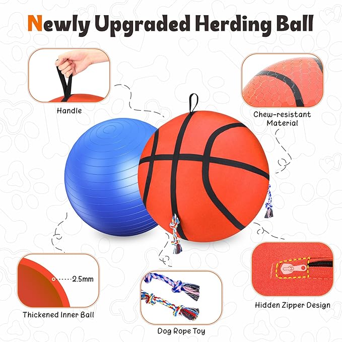 25" Herding Ball for Dogs, Upgrade & Reinforce Medium to Large Dog Training Toys for Australian Shepherd, Horse Balls with Gnawing Knots, Dog Jolly Ball for Outdoor Play (Orange)