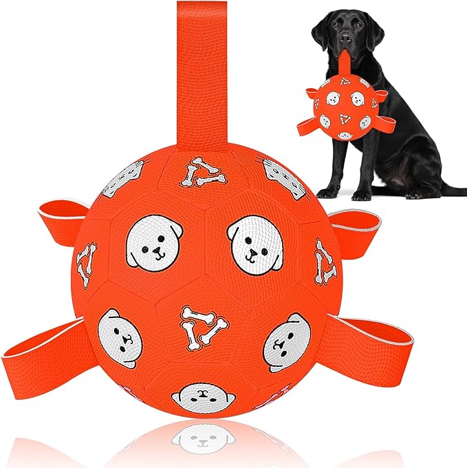 Dog Balls Toy, Durable Soccer Ball with Straps, Interactive Dog Toys, Water Fetch Ball for Tug of War, Herding, Dog Toys to Keep Them Busy – Dog Birthday Gift for Medium Large, 8 Inch