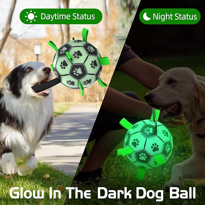 Amasiver Glow in The Dark Dog Toys - 8 Inch Upgraded Interactive Light Up Soccer Balls, World Cup Dogs Football, Outdoor Tug Toys for Medium & Large Dogs Birthday Gifts