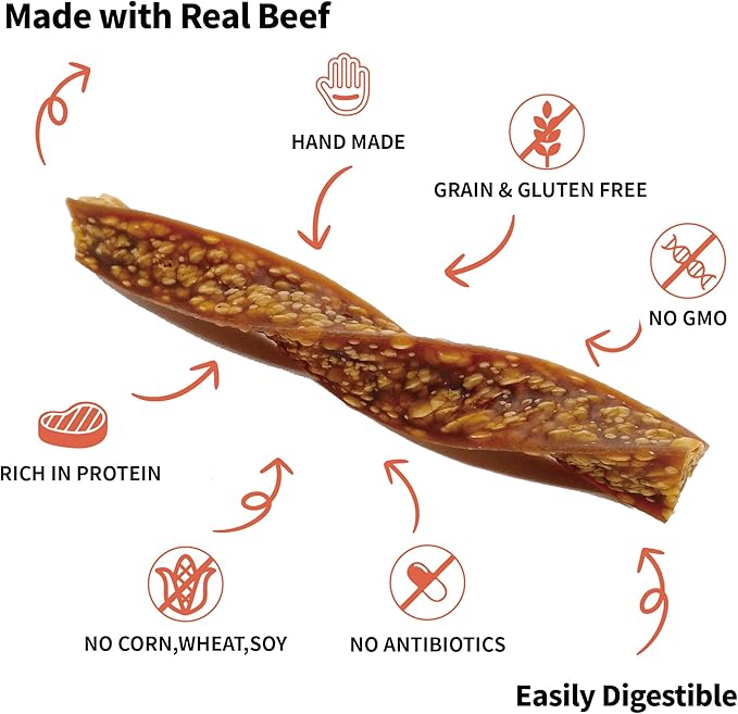 Beef Dog Chew Twist Sticks, Puffed Human Grade Beef Dog Treat Sticks, Rawhide Alternative, Easy to Digest 10pcs/Pack