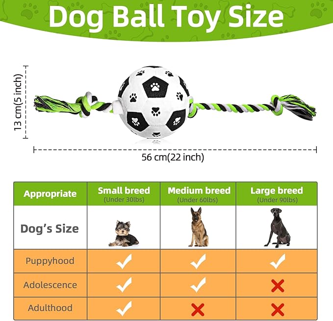 QDAN Dog Soccer Ball for Dogs, Durable Outdoor Dog Toys, Plush Dog Balls, Rope Birthday Toys for Small to Large (Black)
