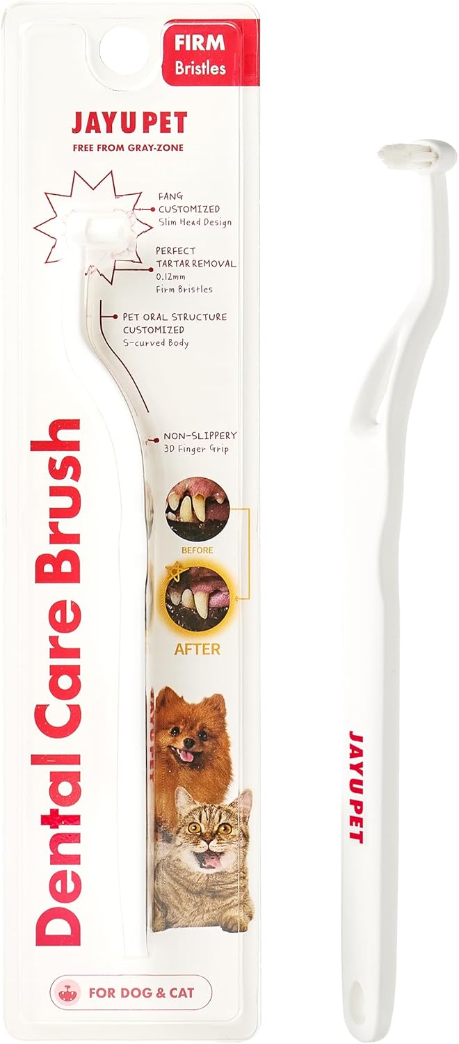 JAYU PET Dental Care Brush (Firm Bristles) 1ea - Resilient Dog Toothbrush, Cat Toothbrush for Tartar & Plaque Removal, Horizontal Head and S-Curved Body