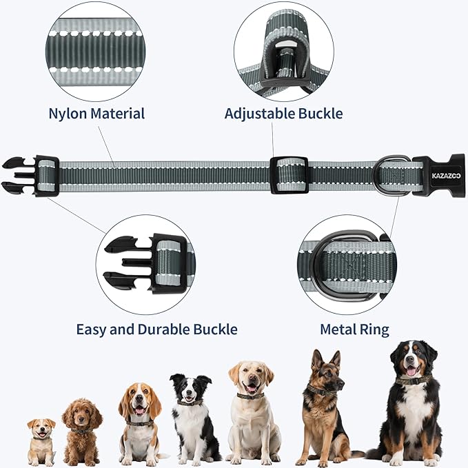 Reflective Dog Collar with Soft Padding Dog Collar for Medium & Small Dogs, No Pull, Heavy Duty, Adjustable Nylon Collar with Quick-Release Buckle, Walking Training-Grey-S