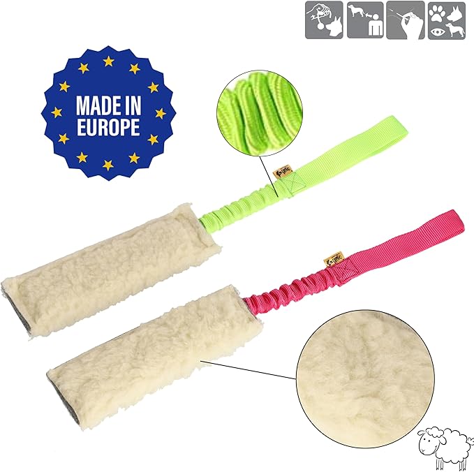 Dingo Woolen 2pack Interactive tug Toys for Dog, Colorful Handle with Bungee Shock Absorber, Natural Soft Toy, for Small Medium and Large Dog’s Breed - tug of war, Agility and Motivation Z30003