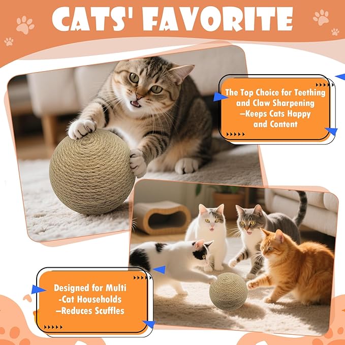 Sisal Cat Ball Toy, Large 6.3-inch Interactive Natural Cat Scratching Ball, Perfect Scratcher for Indoor Cats' Exercise and Fun