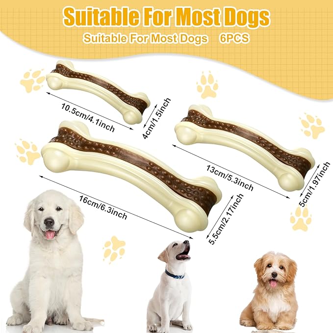 Sosation 6 Pcs Dog Toys for Aggressive Chewers Nylon Beef Flavor Bones Tough Puppy Teething Toys Puppy Chew Bones for Large Medium Small Breed Dogs Puppies Pets Chew Toys(Small Medium Large)