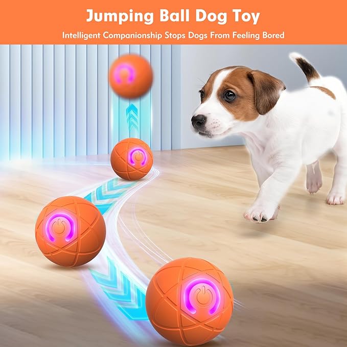 Interactive Dog Toys for Small Dogs, USB Rechargeable Smart Jumping Ball for Dogs, Chew-Resistant TPE & BPA-Free Vibrating Dog Ball, LED Light-Up Play for Mental Stimulation & Indoor Play (Orange)