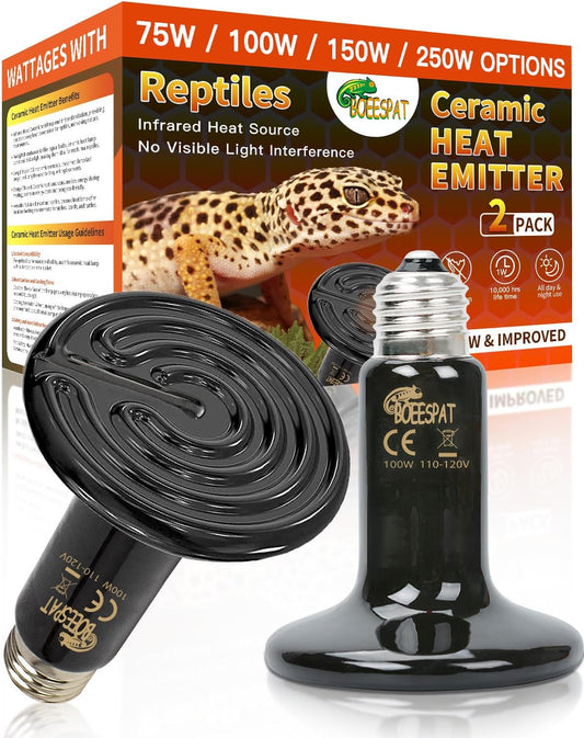 100W Ceramic Heat Emitter for Day and Night Use, Pack of 2 Reptile Basking Heat Lamp for Bearded Dragon, Lizard, Iguana & Amphibians (Black, 100 Watts)