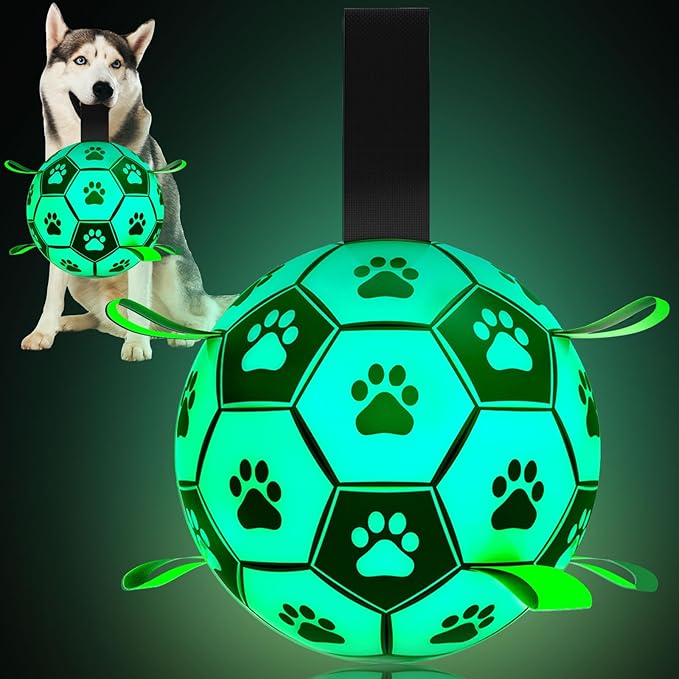 Amasiver Glow in The Dark Dog Toys - 8 Inch Upgraded Interactive Light Up Soccer Balls, World Cup Dogs Football, Outdoor Tug Toys for Medium & Large Dogs Birthday Gifts