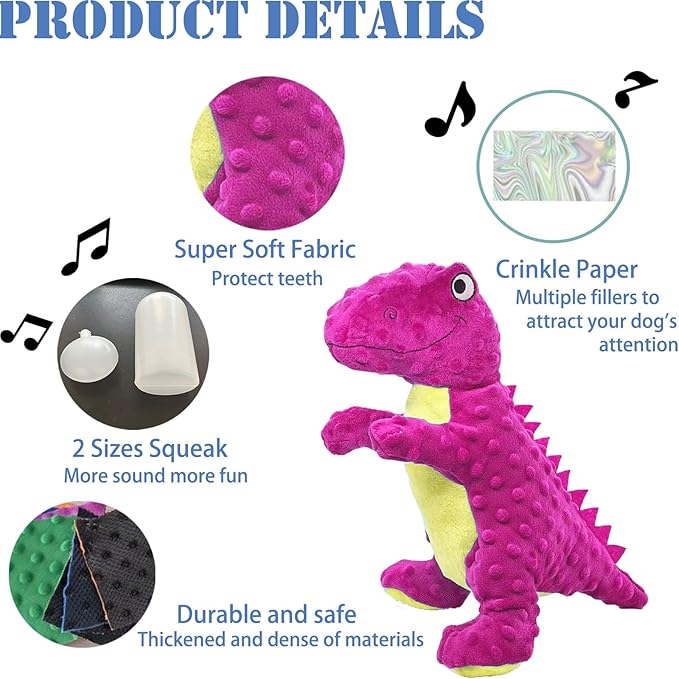 No Stuffing Dog Toys for Aggressive Chewers, Squeaky Wrinkled Toys, Durable Dog Chew Toys, Soft and Tough Plush Toys, Suitable for All Breeds of Dogs. (Dinosaur (Red))