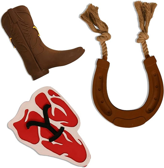 design LAB, Inc. Official Yellowstone Merchandise | Toy Bundle - Variety Gift Set for Yellowstone Fans with Dogs | Squeaky Toys Include Branded Beef Steak, Western Horseshoe, and Cowboy Boot