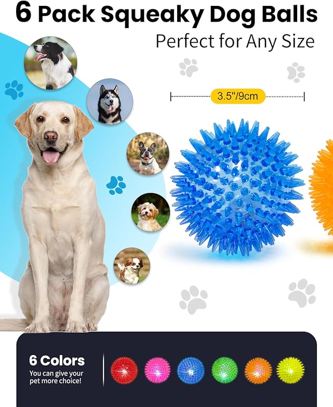 3.5" Light Up Squeaky Dog Balls,Led Dog Balls 6 Colors for Teething, BPA Free Non-Toxic,Spiky Dogs Ball Durable Toys for Aggressive Chewers Large Medium and Small Dogs Tennis Ball for Dogs
