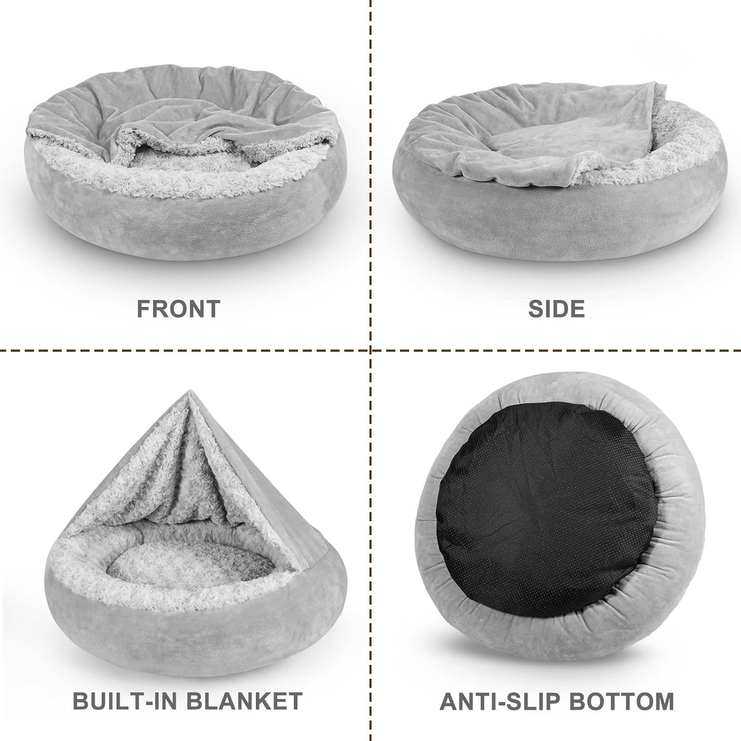 JOEJOY Small Dog Bed Cat Bed with Hooded Blanket, Cozy Cuddler Luxury Puppy Pet Bed, Donut Round Calming Anti-Anxiety Dog Burrow Cave Bed - Anti-Slip Bottom and Machine Washable 23 inch