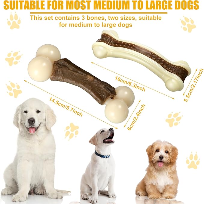 Sosation 3 Pack Chew Toys for Aggressive Chewers, Bone Toys Nylon Beef Flavor Dog Teething Toys for Large/Medium/Small Puppies Breeds(Large, Mixed Style)