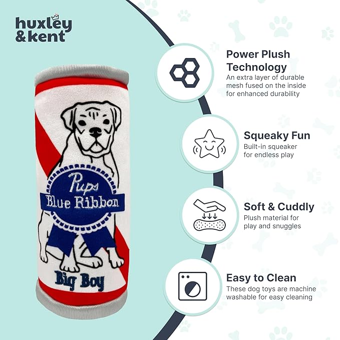 Huxley & Kent Funny Dog Toy w/Squeaker – Power Plush Squeaky Dog Toys for Small, Medium & Large Dogs – Soft Stuffed Animal for Indoor Play & Fetch - Pups Blue Ribbon, Small