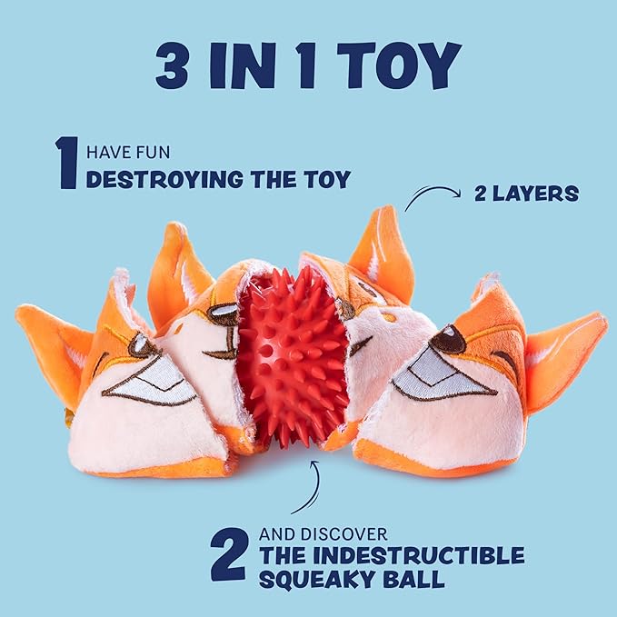 3in1 Squeaky Dog Toys for Aggressive Chewers - Medium to Large Breeds - Puppy Teething Toys - Interactive - Juguetes Perros - Orange