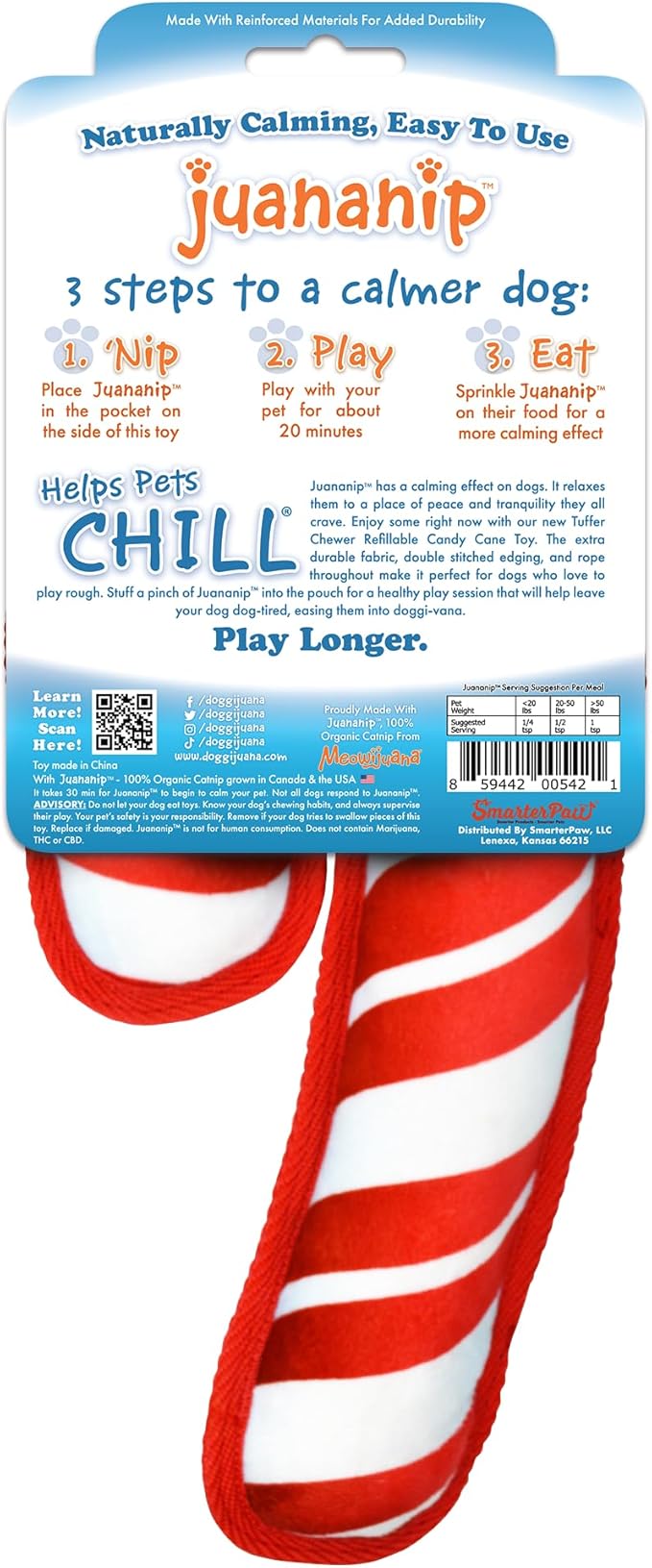 Doggijuana Tuffer Chewer Plush Dog Toy | Funny Dog Toy Plush with Juananip Catnip for Dogs | Calming Aid for Dogs | Interactive Squeaky Chew Toy for Play (Candy Cane)