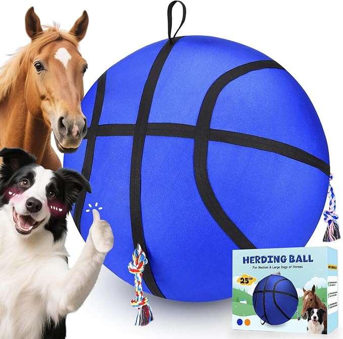 25" Herding Ball for Dogs, Upgrade & Reinforce Medium to Large Dog Training Toys for Australian Shepherd, Horse Balls with Gnawing Knots, Dog Jolly Ball for Outdoor Play (Blue)